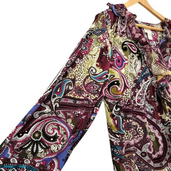 Chico's Blouse Top Women's 3, XL Paisley Ruffle Slinky Stretch Eclectic Office - Picture 4 of 8